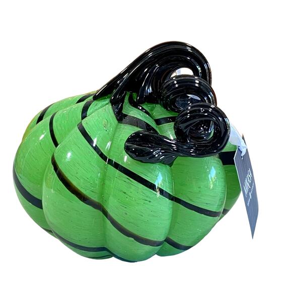 Mikasa Hand Blown Art Glass Pumpkin Black & Green Striped Halloween Fall Decor - Picture 2 of 5